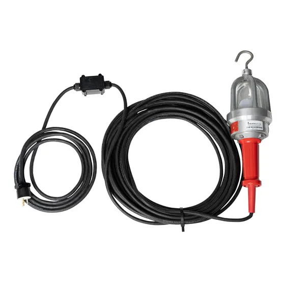 Red and silver Worksite Handheld LED Light, 12V, Explosion Proof, Inline Transformer