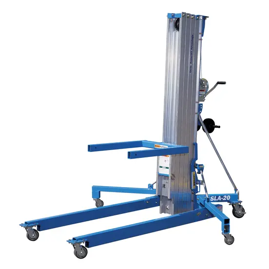 Blue and silver Genie 700-800 lbs. 19-20 ft. manual material lift