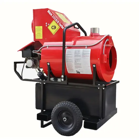 Red and black CAMPO Indirect Fired Heater, 200 BTU, Diesel Powered