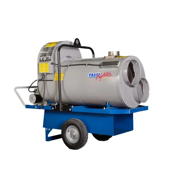Grey and blue FROSTFGHTR Indirect Fired Heater, 390,000 BTU/h, Propane/Natural Gas Dual Fuel