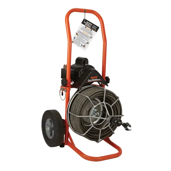 Orange and black GENERALPIPE Mini-rooter Plumbing Snake, Electric-powered, 1/2 in. X 50 ft.