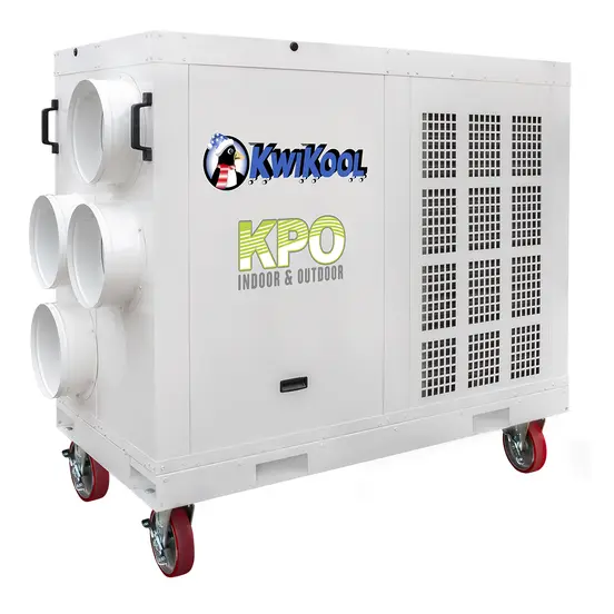 White Kwikool 12-ton electric portable air conditioner on four wheels