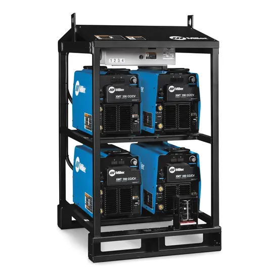 Blue and black MILLERELEC Welder Rack, 350 Amps, 4 Pack