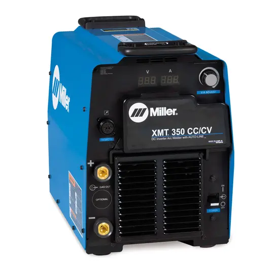Blue and black MILLERELEC Multiprocess CC Arc Welder, DC to AC Inverter, 350 Amps, Electric Powered