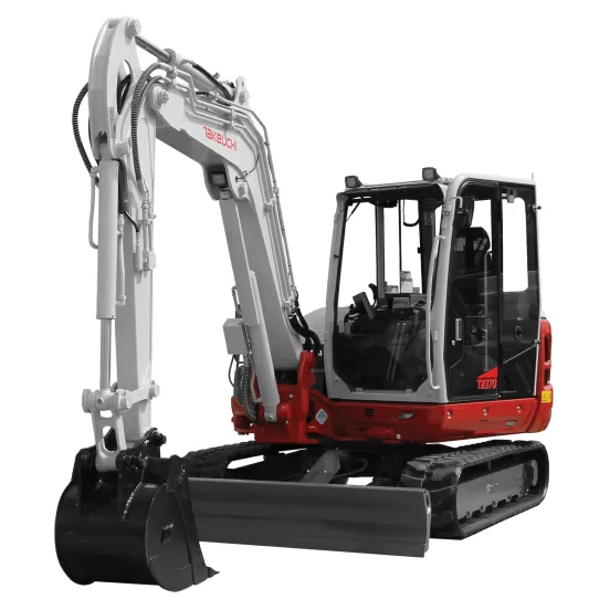 Red and white Takeuchi Mini Excavator with Reduced Tail Swing